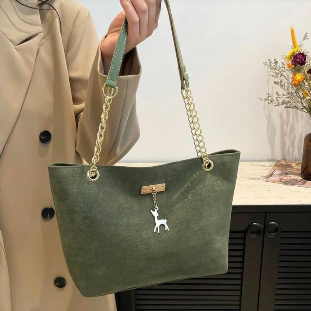 ⚠️Clearance Chain Shoulder Elegant Green Suede Tote Bag with Gold Chain - Picture 1 of 9